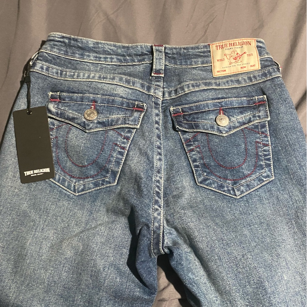 True religion Billie mid ride straight leg jeans with magenta stitching
